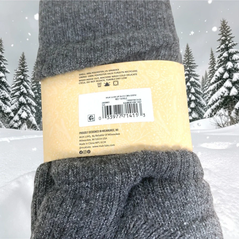NEW MUK LUKS Cabin Socks Fair Isle Red Gray Non Skid Women's Sz 6-10 NWT